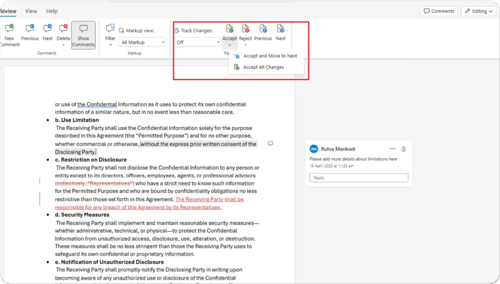 Accept or reject changes | HyperStart CLM