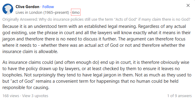 quora answer on why insurance companies use act of god clause